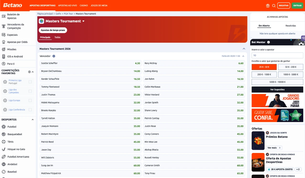 Betano Mercados de Apostas Masters Tournament